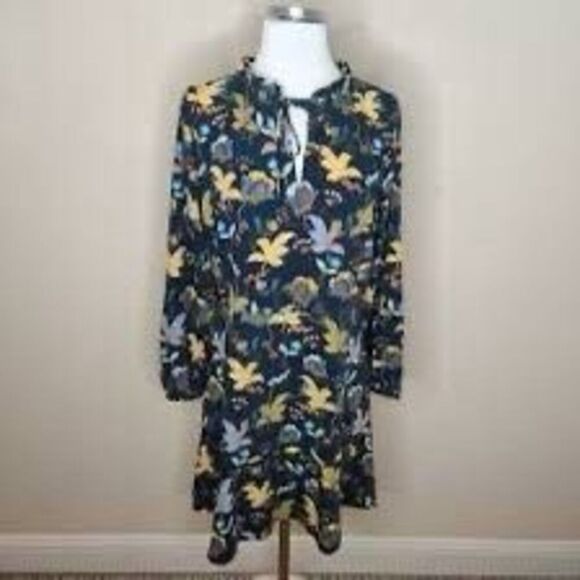 Loft Plus Size 14 Long Sleeve Peasant Shift Dress Navy Blue Floral Leaf Print - Picture 6 of 16